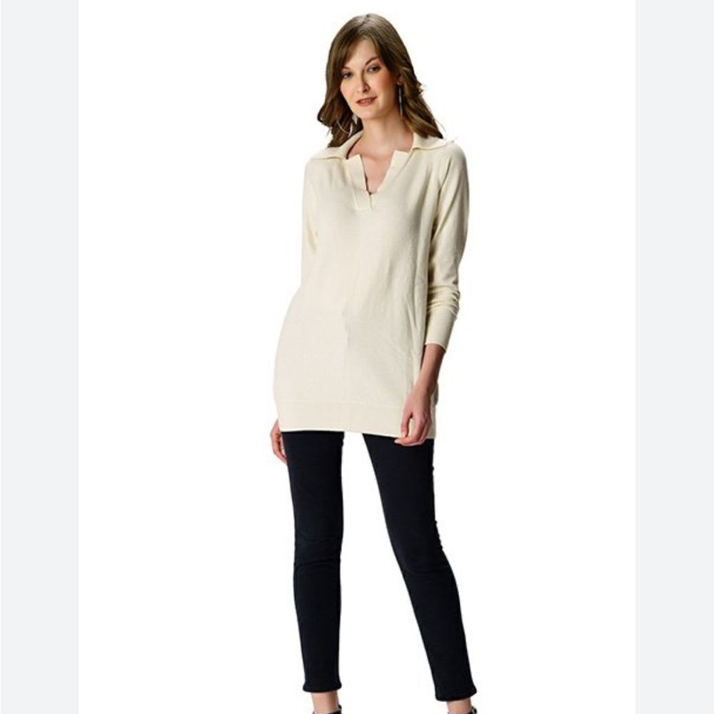 Poetry V-neck johnny collar popover tunic w front split hem accents in natural